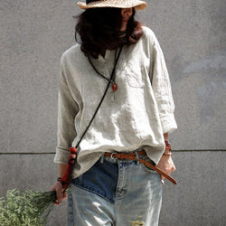 Spring Long Sleeve Casual Loose Pullover Beige Shirt