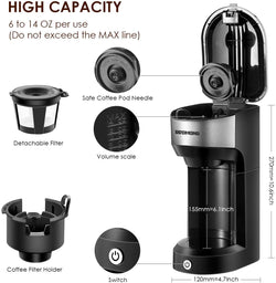 Single Cup Coffee Maker Brewer, Compatible With Single Serve Pod & Grounds, 1000W, 6 to 14 OZ Brew Sizes, 90s Fast Brewing, One Button Operation, Black