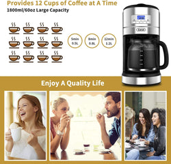 Coffee Maker 12 Cup Coffee Machine Programmable Setting Silent Operation Drip Coffeemaker with Coffee Pot and Filter for Home and Office (Stainless Steel)