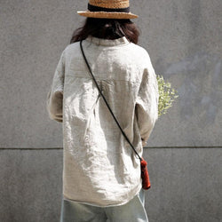 Spring Long Sleeve Casual Loose Pullover Beige Shirt