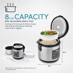 Housewares 2-8-Cups (Cooked) Digital Cool-Touch Rice Grain Cooker and Food Steamer, Stainless, 8 Cup, Silver